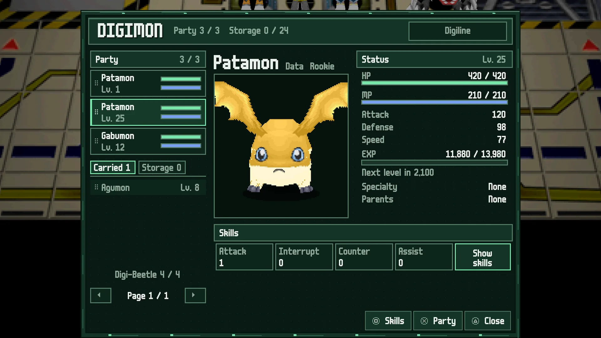 The Digimon window over the city: party list, the Patamon model, status values, EXP and skill counts