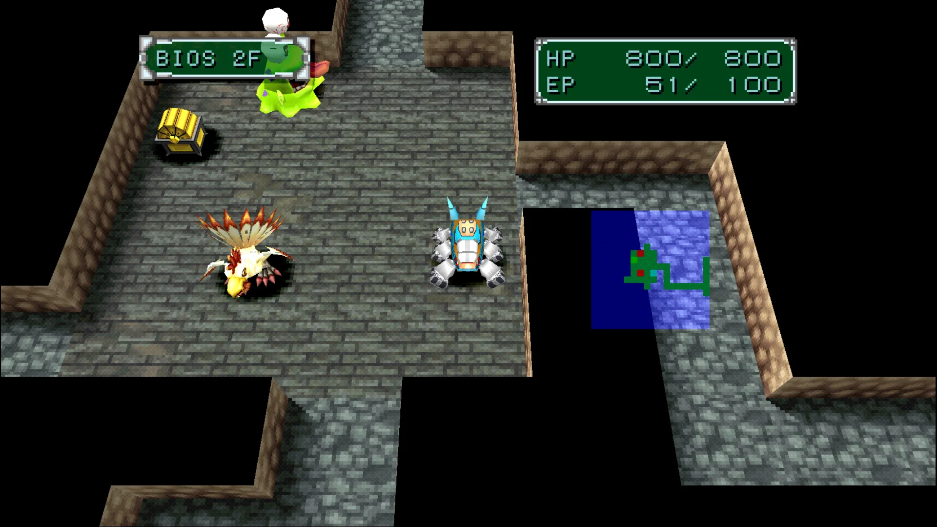 A generated BIOS floor with a chest, an enemy party and the Digi-Beetle