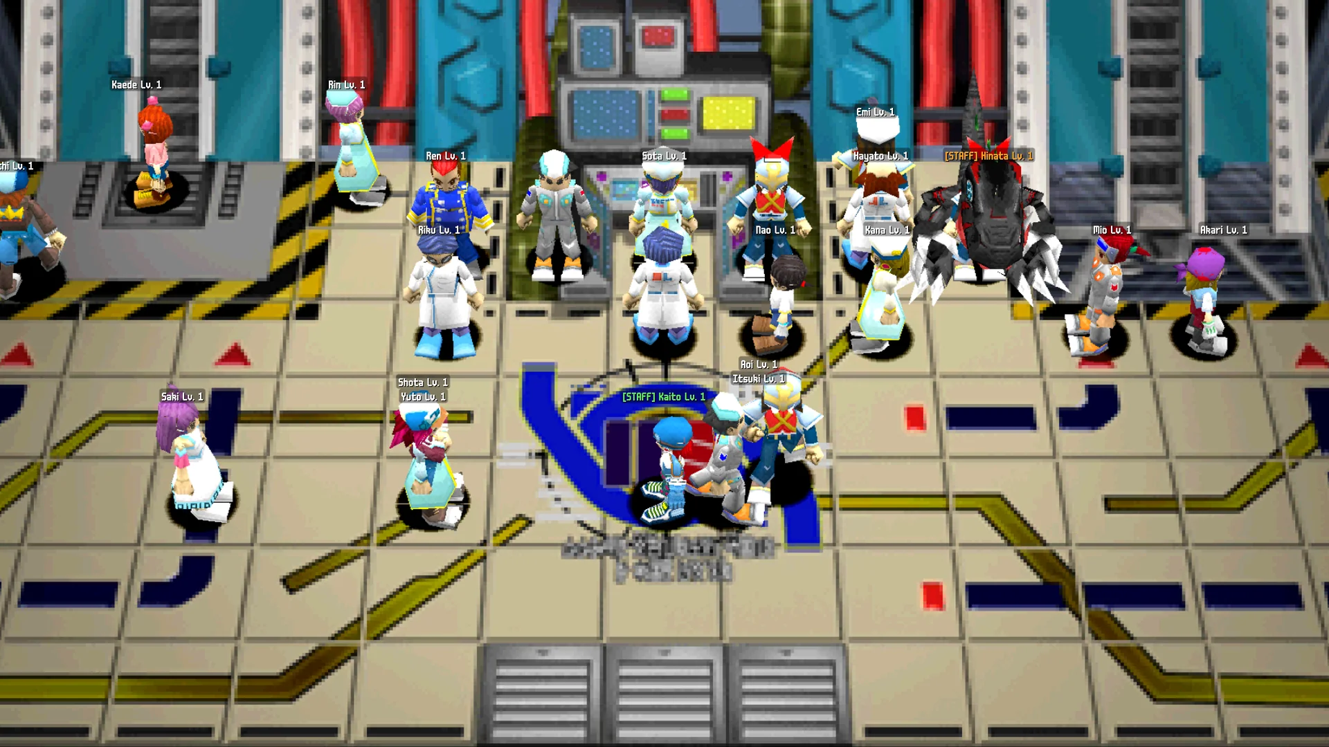About twenty tamers with name tags, some marked STAFF, standing on the Main Gate floor of Digital City
