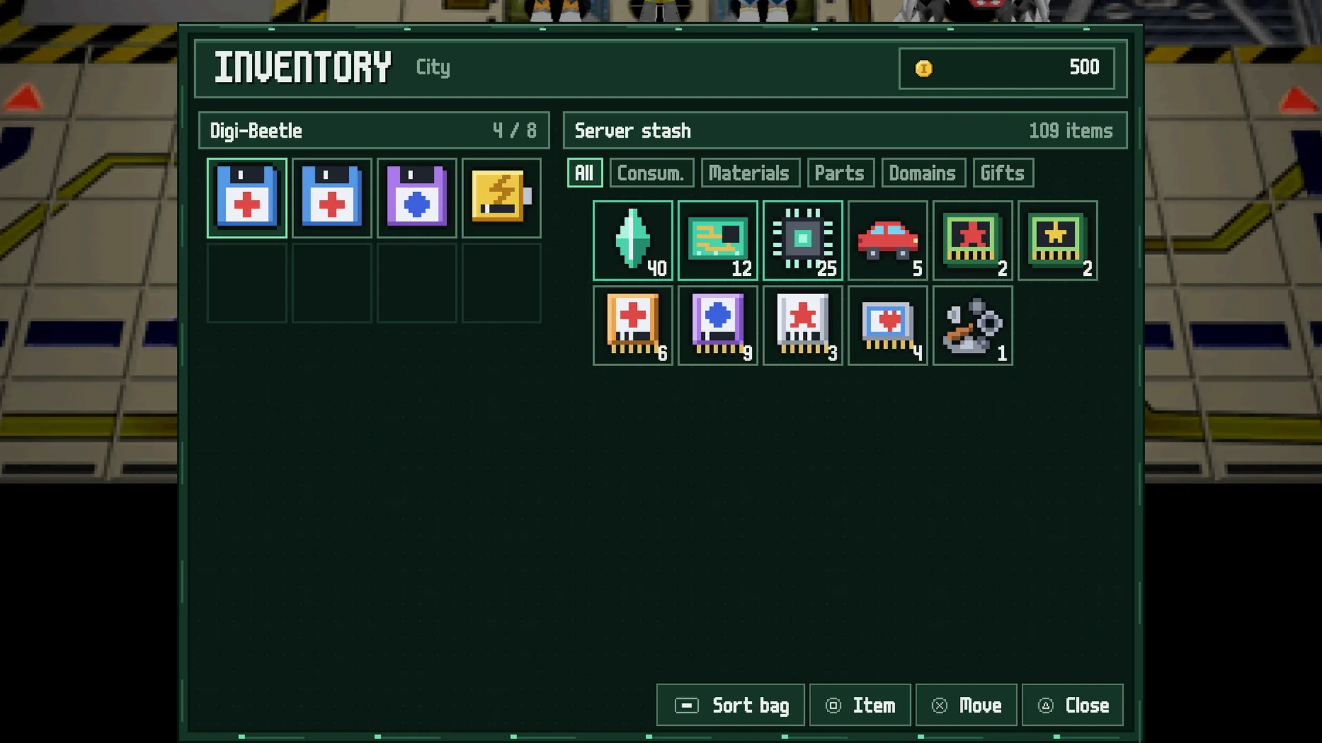 The Inventory window over the city: the Digi-Beetle bag and the server stash with item icons