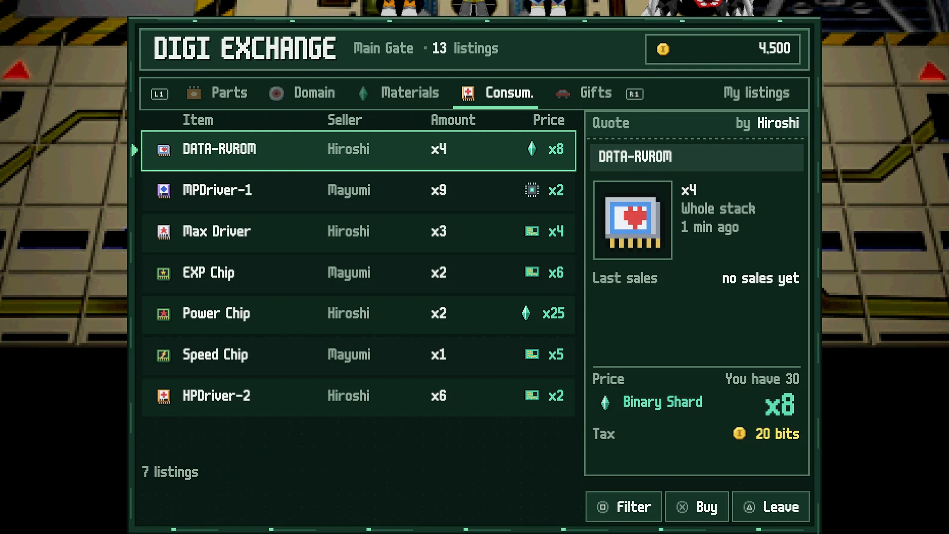 The Digi Exchange window: tabs, listings with seller, amount and price in items, and a quote with the tax in bits