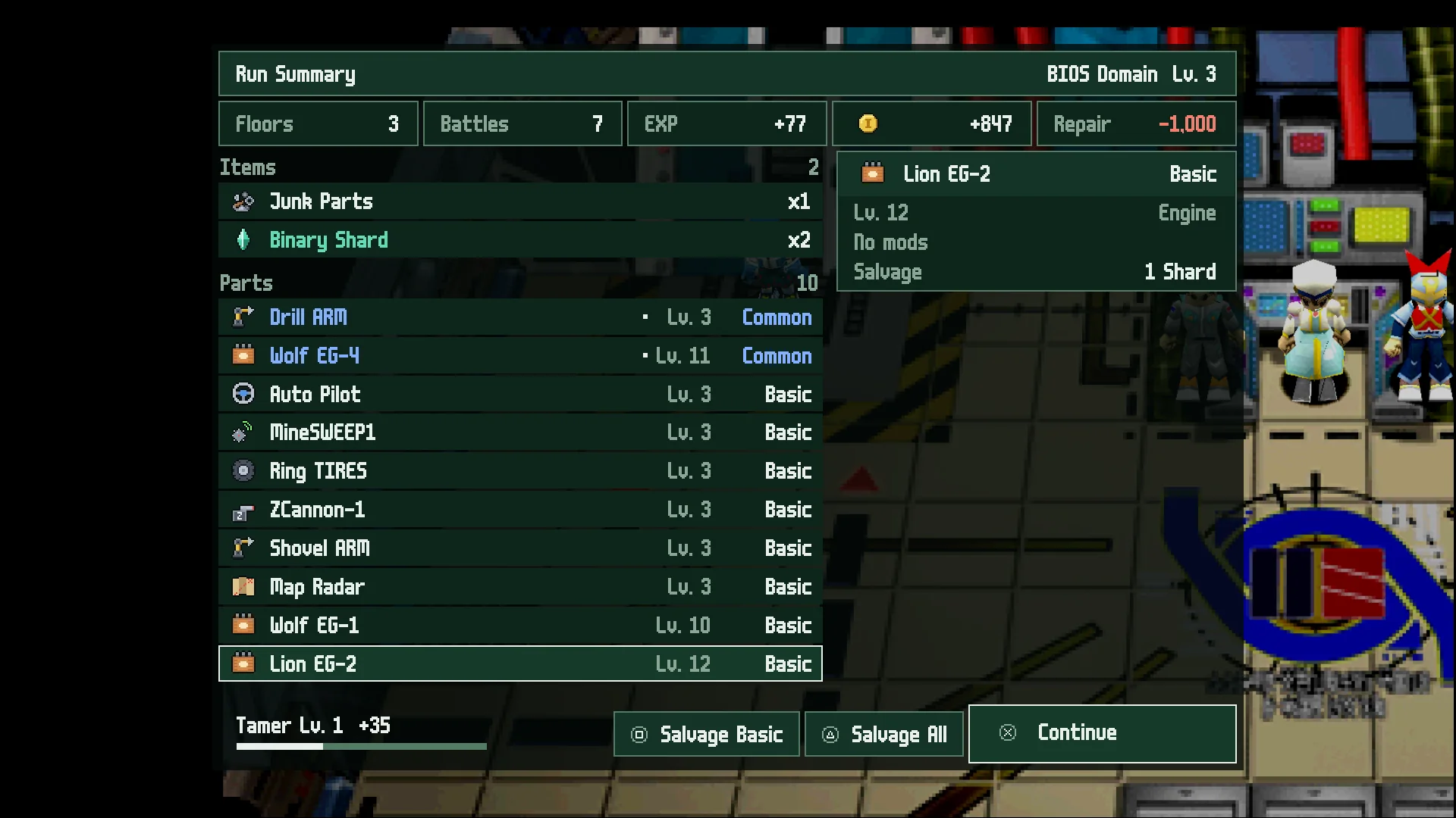 The run summary window after a BIOS domain run: floors, battles, EXP, bits, the items and parts found, a part card and the salvage buttons