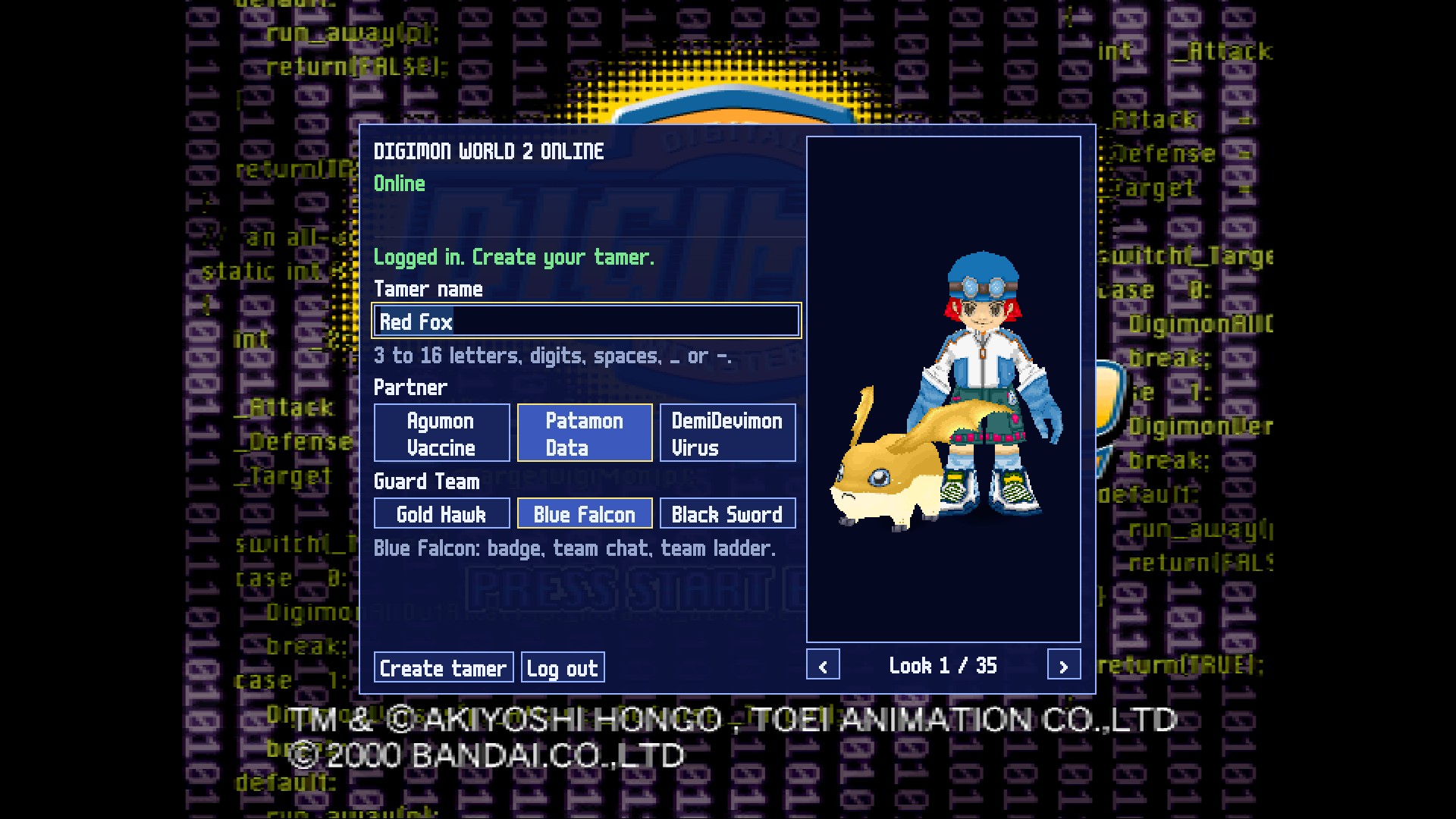 Tamer creation panel with partner and Guard Team choices